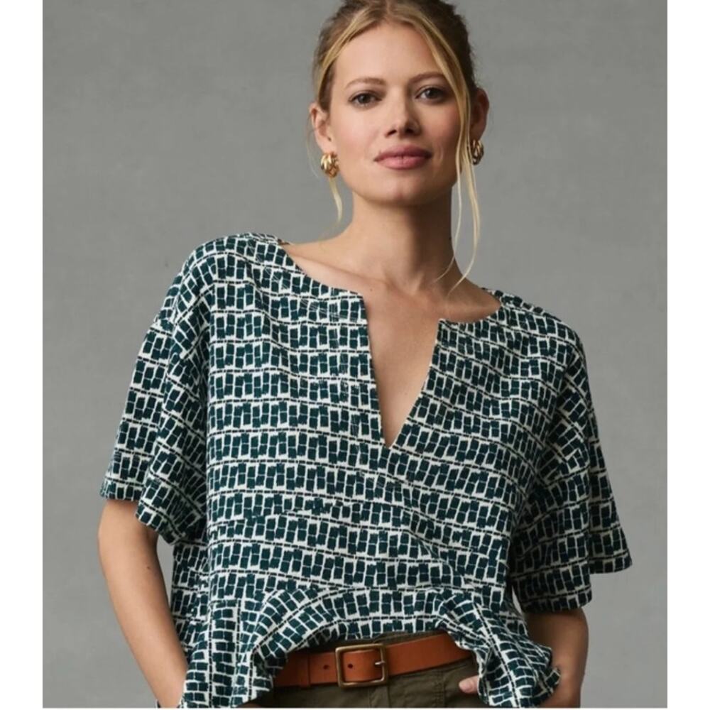 Anthropologie Postmark Green Block Print Peplum Ruffle Top Small Oversized